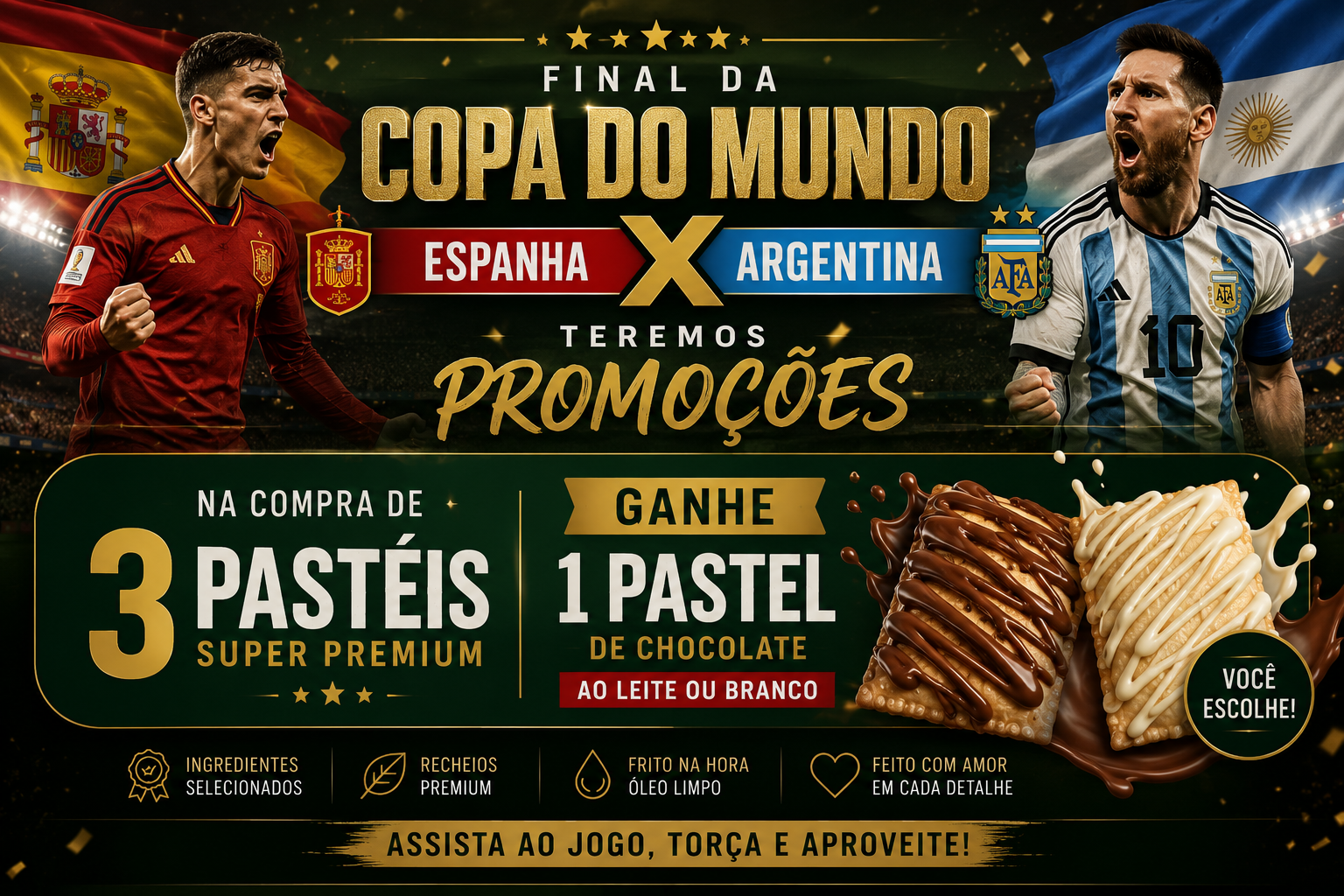 Promoção Final da Copa do Mundo: Espanha x Argentina. Na compra de 3 pasteis Super Premium ganhe 1 pastel de chocolate ao leite ou branco